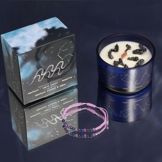 Aquarius astrology candle with crystals by Samsara Wellbeing in blue glass with constellation design and matching crystal bracelet