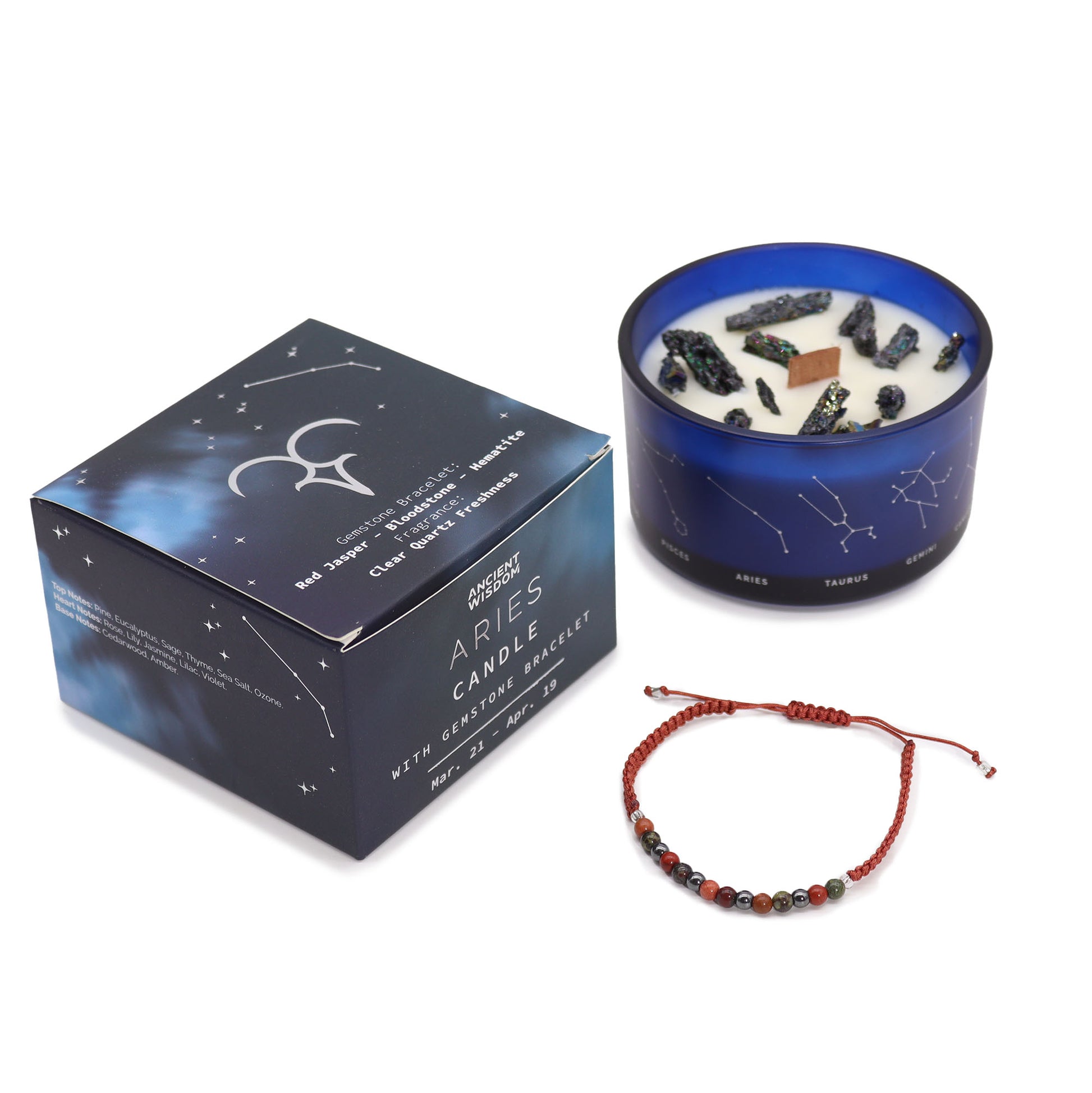 Aries zodiac crystal candle by Samsara Wellbeing with gemstones in blue glass and red beaded bracelet