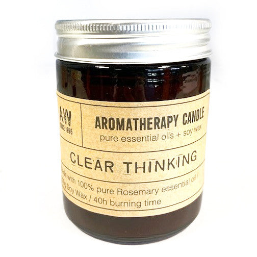 Clear Thinking soy wax essential oil candle in brown glass jar with metal lid by My Store