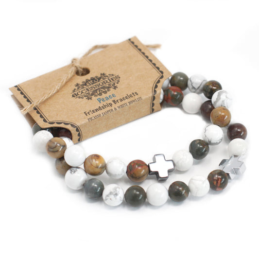 Gemstone friendship bracelets set with Picasso Jasper and white howlite beads featuring silver cross charms