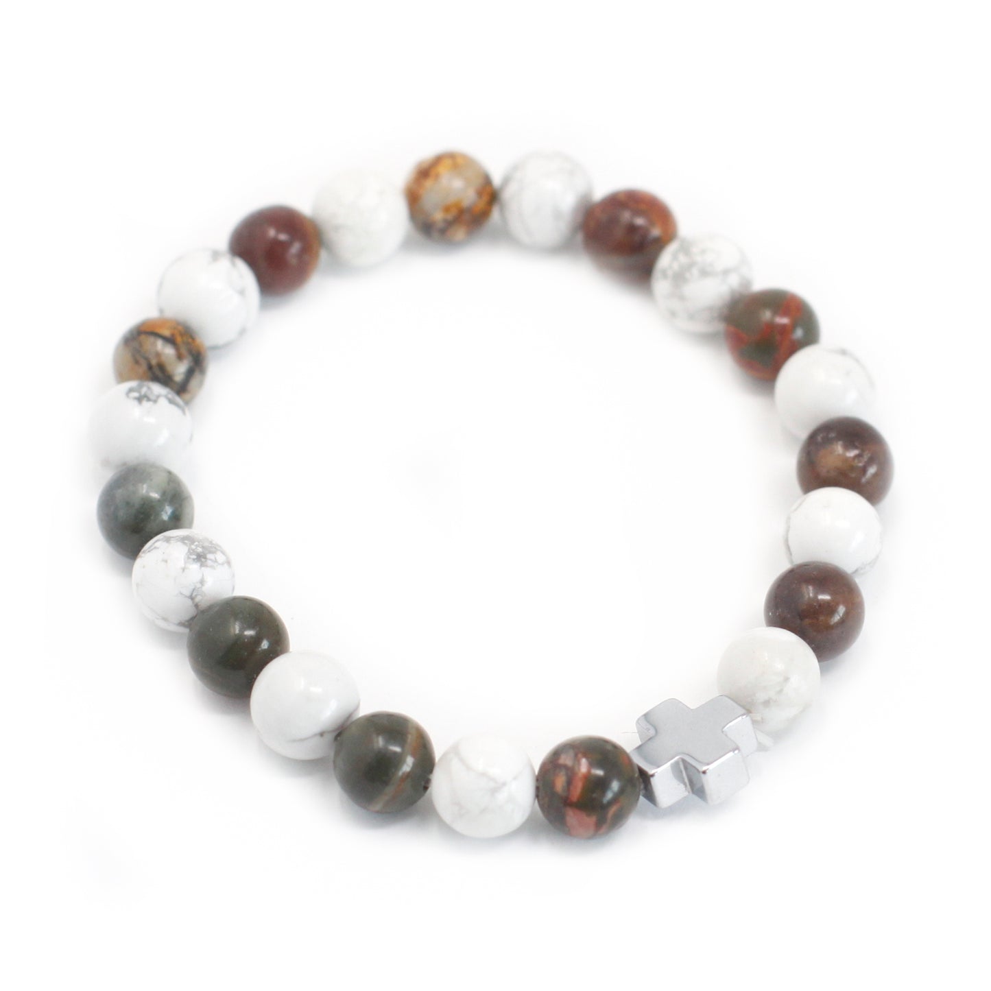 Gemstone friendship bracelets set with polished beads and silver cross charm on white background