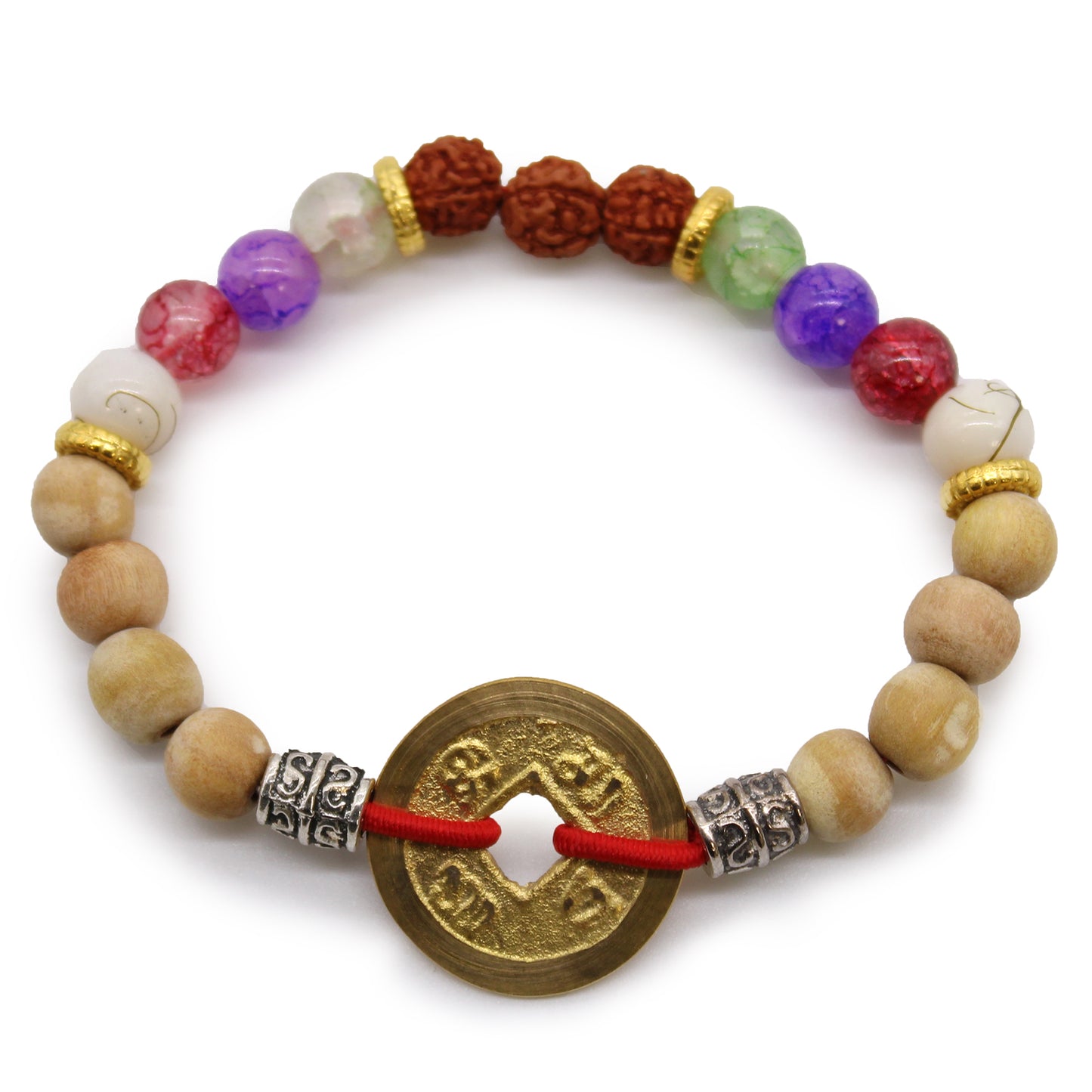Colourful Tri Hita Karana bangle with wooden beads, rudraksha seeds, and decorative metal accents