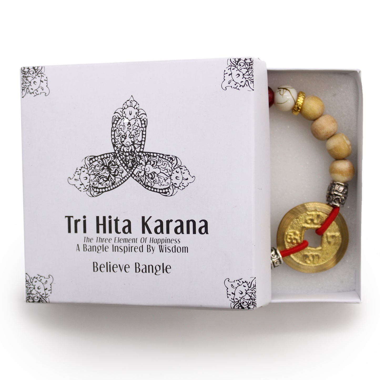 Tri Hita Karana bangle with wooden beads and gold coin charm in white branded box