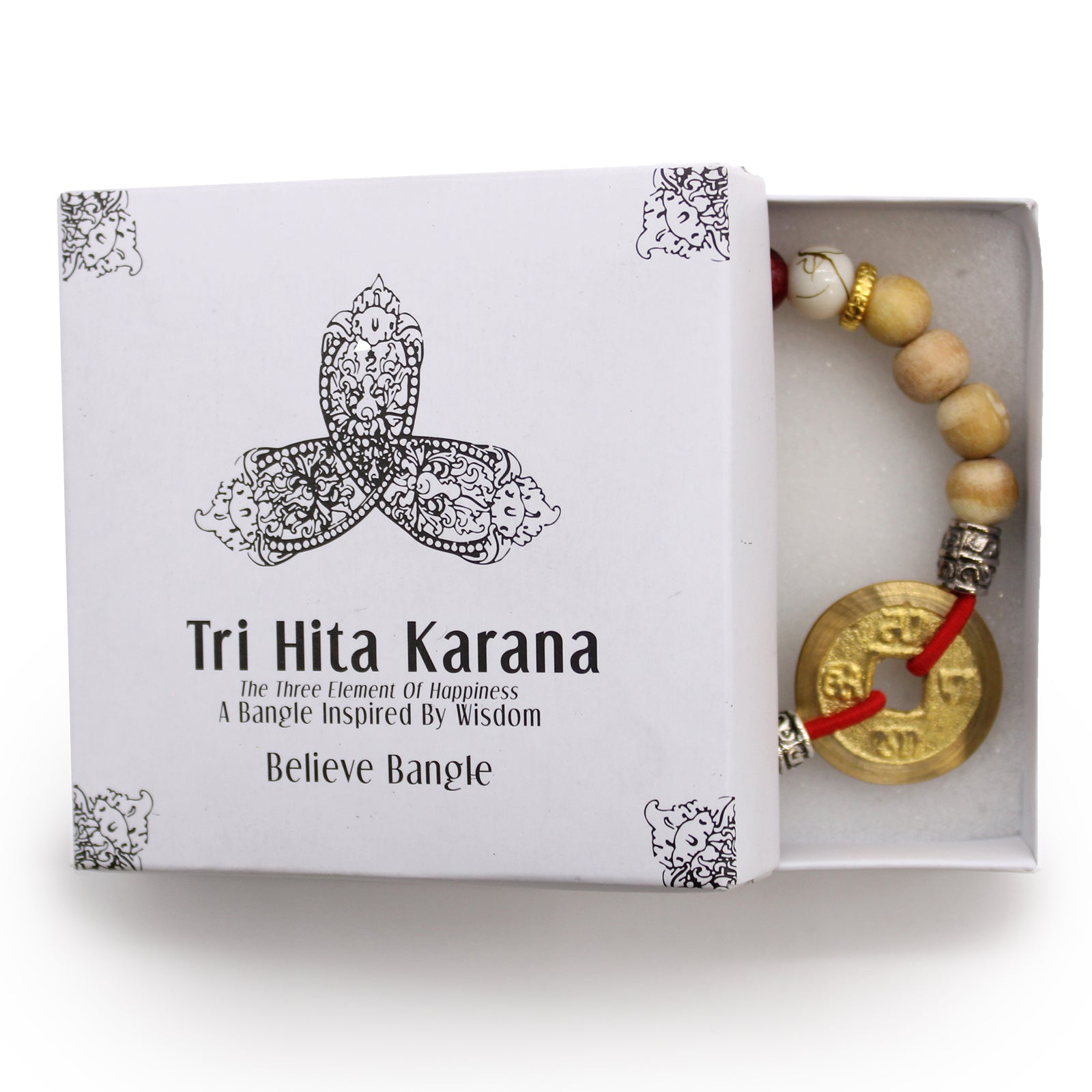 Tri Hita Karana bangle with wooden beads and gold coin charm in white branded box