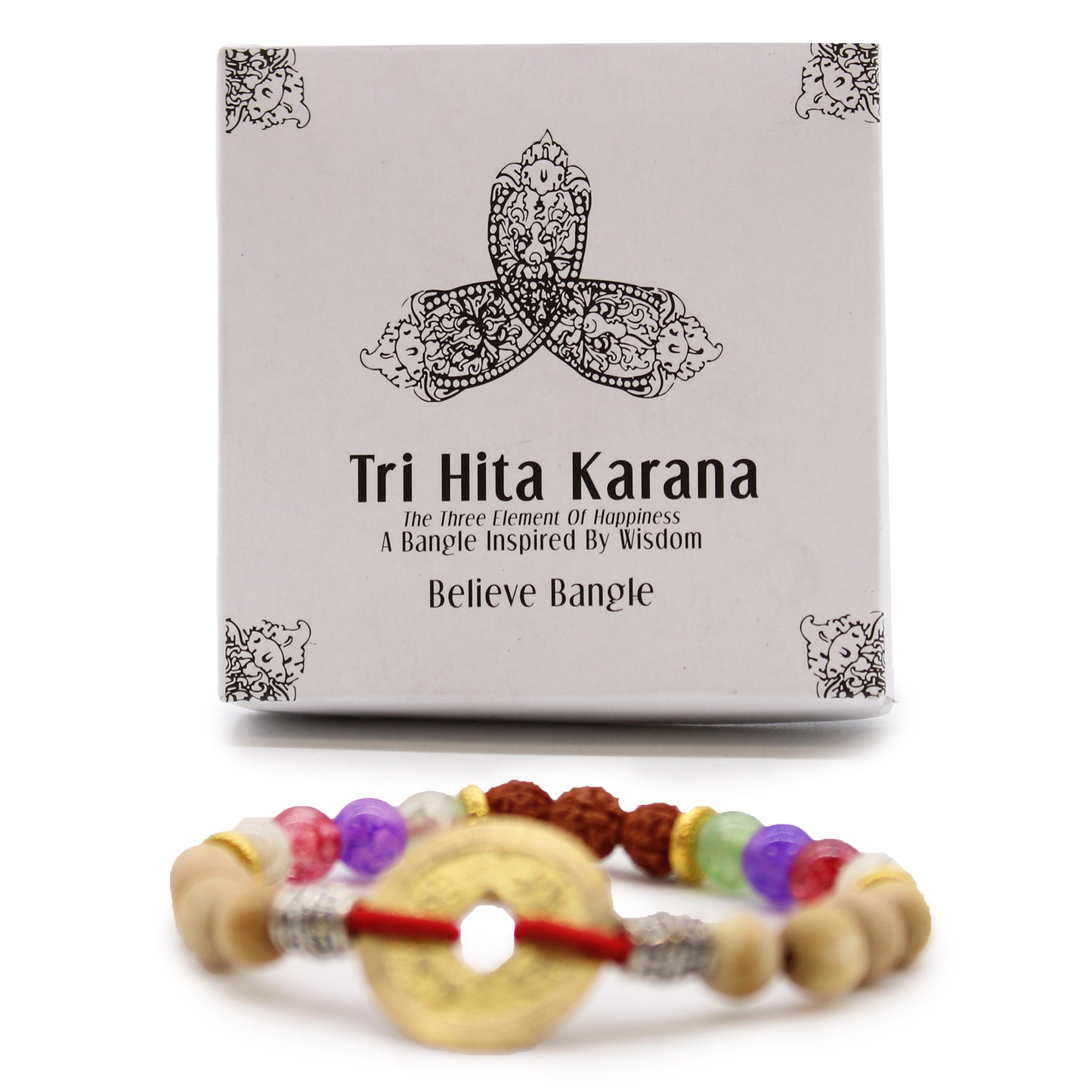 Tri Hita Karana bangle with multicolored beads and a circular gold charm by My Store