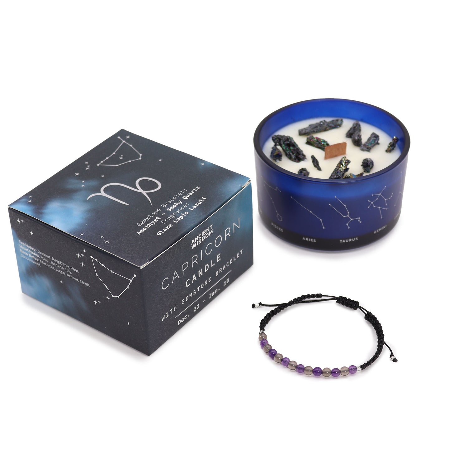Capricorn crystal candle gift by Samsara Wellbeing with gemstone bracelet and star constellation packaging