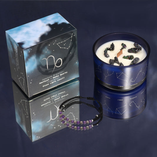 Capricorn crystal candle gift by Samsara Wellbeing with zodiac constellation design and amethyst bracelet