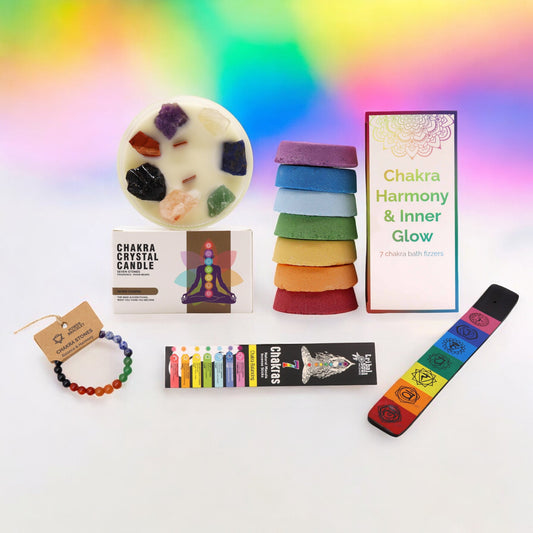 Chakra healing bundle gift set with crystal candle, chakra bracelet, bath fizzers, and incense holder