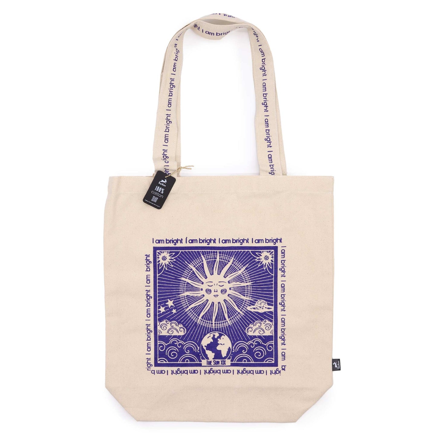 Beige cotton tote bag with print featuring sun and earth graphic and I am bright text design