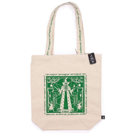 Natural cotton tote bag with wizard design in green print and magical text on handles