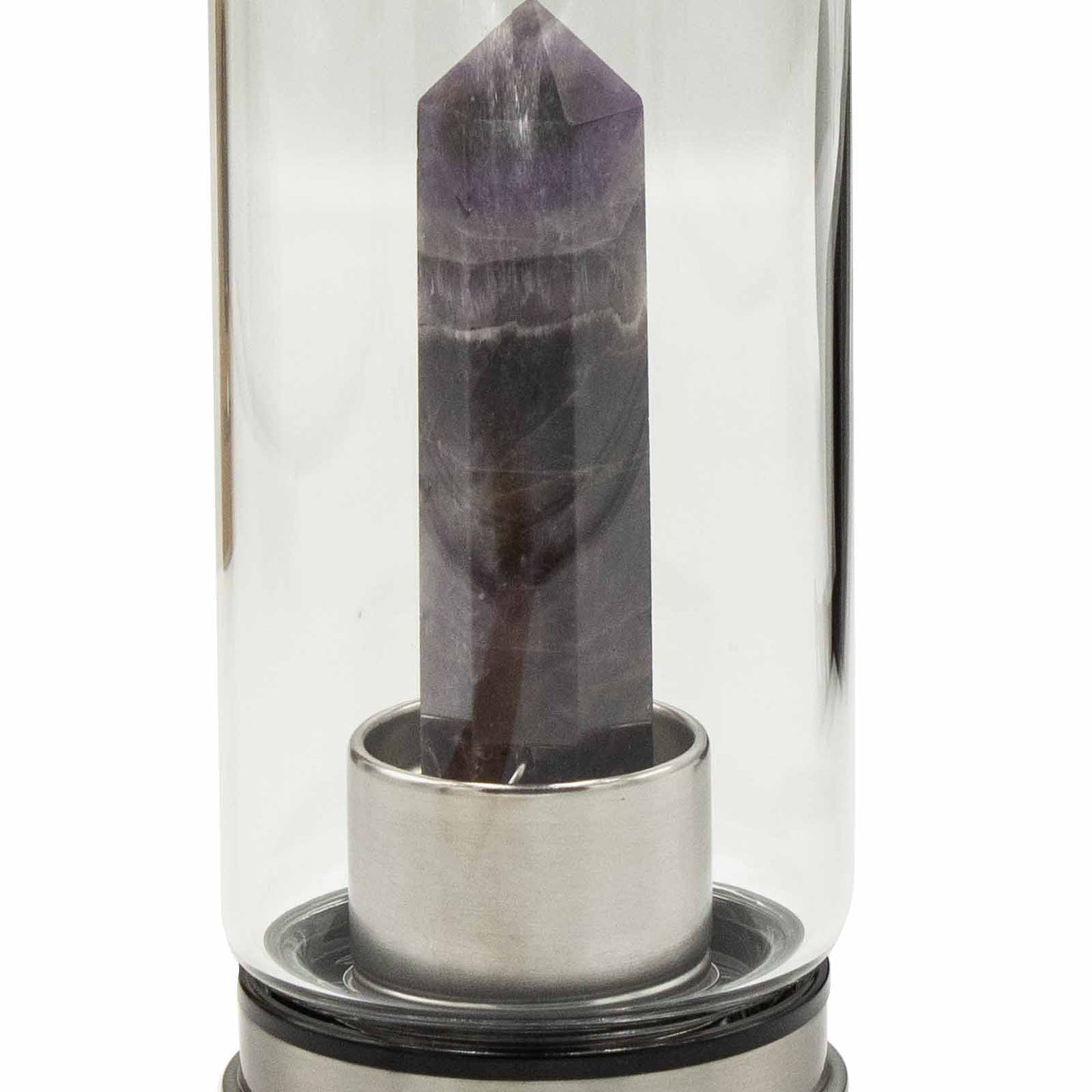 Close-up of a crystal infused water bottle with a purple gemstone inside metal holder by Samsara Wellbeing