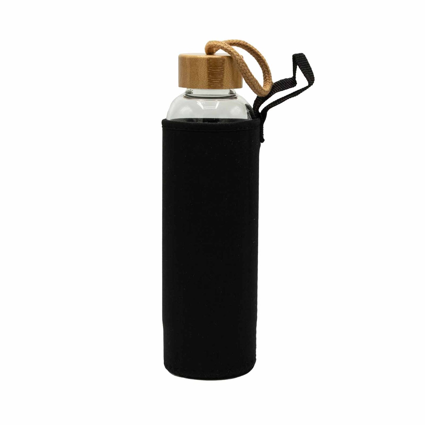 Samsara Wellbeing crystal infused water bottle with bamboo lid and black protective sleeve