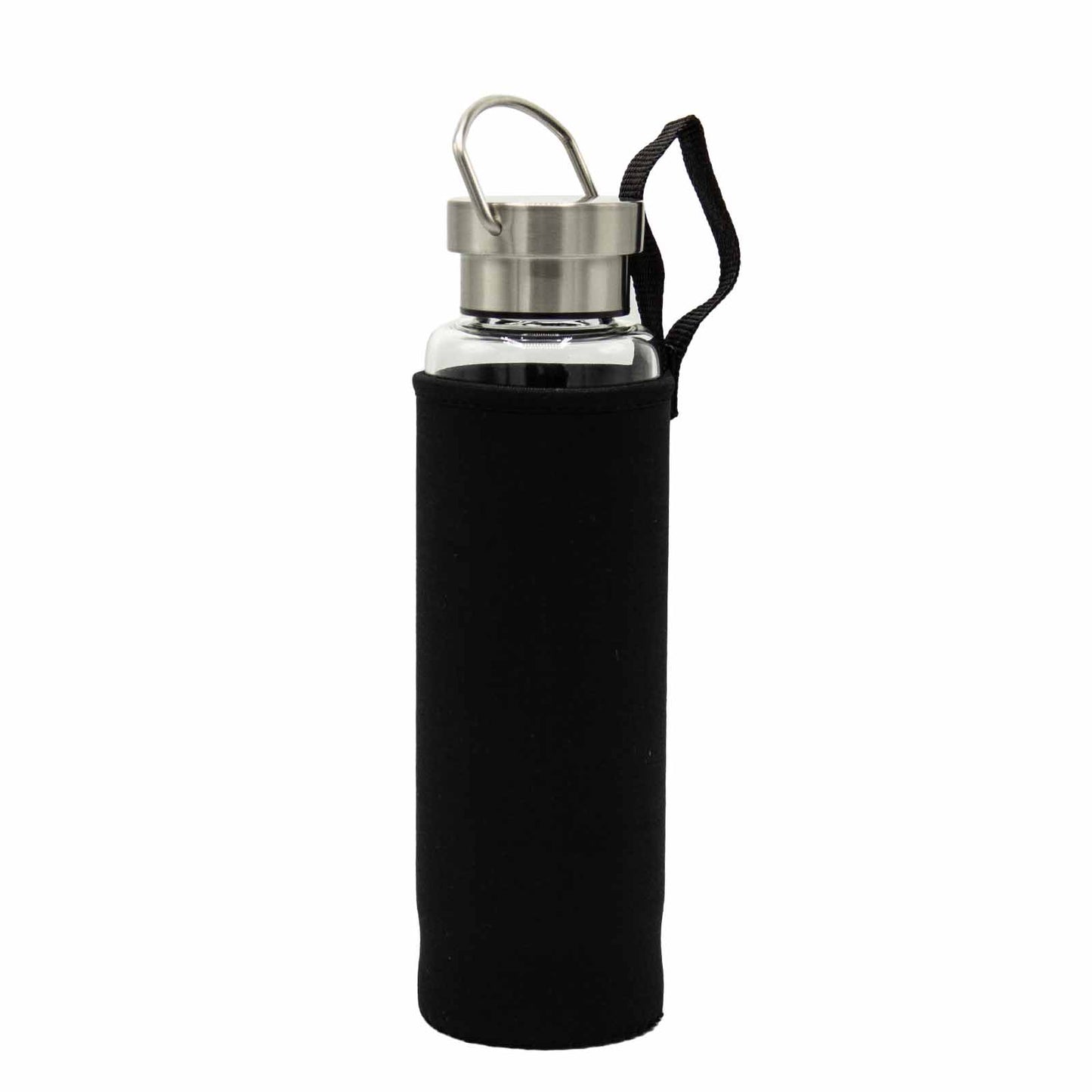 Samsara Wellbeing crystal infused water bottle with black protective sleeve and stainless steel lid