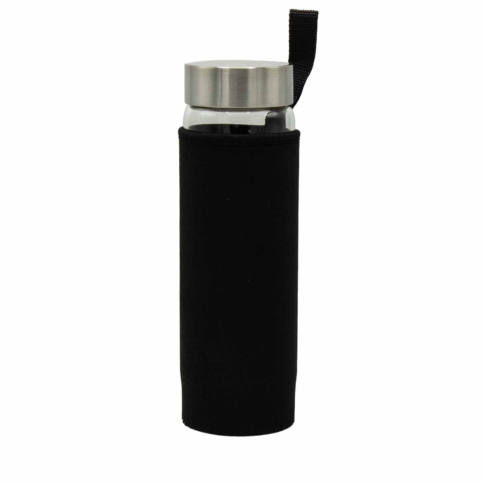Samsara Wellbeing crystal infused water bottle with black protective sleeve and stainless steel lid