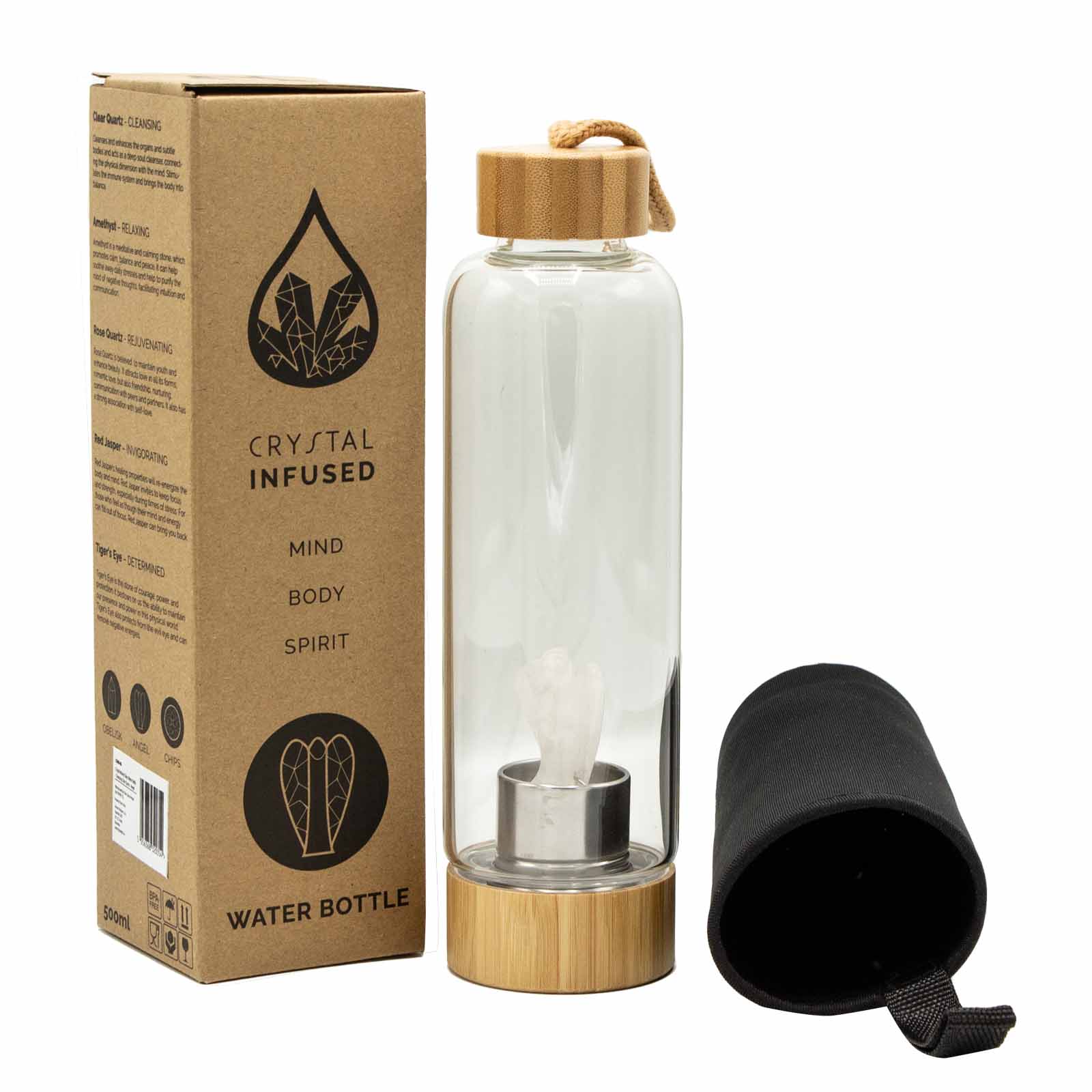 Samsara Wellbeing crystal infused water bottle with bamboo lid and black carrying pouch