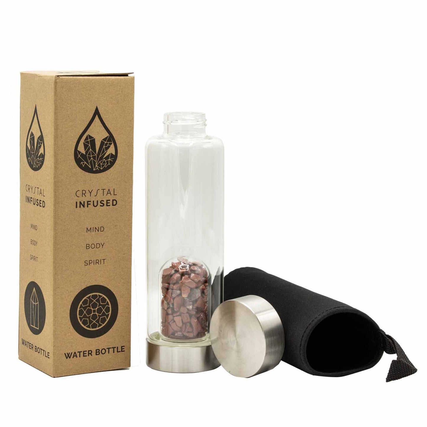 Samsara Wellbeing crystal infused water bottle with stones, stainless steel lid and protective black sleeve