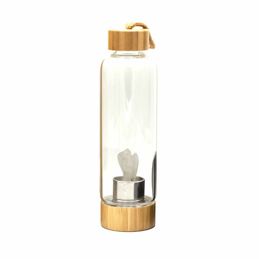 Samsara Wellbeing crystal infused water bottle with wooden lid and base
