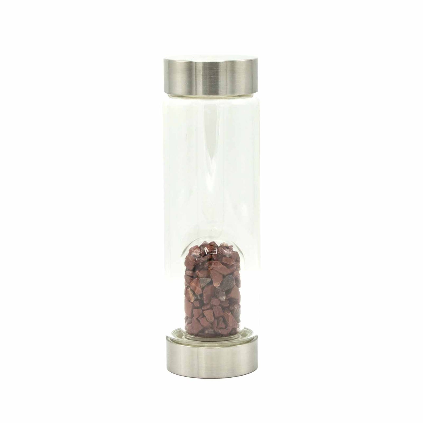 Samsara Wellbeing crystal infused water bottle with stainless steel lid and red crystal stones inside