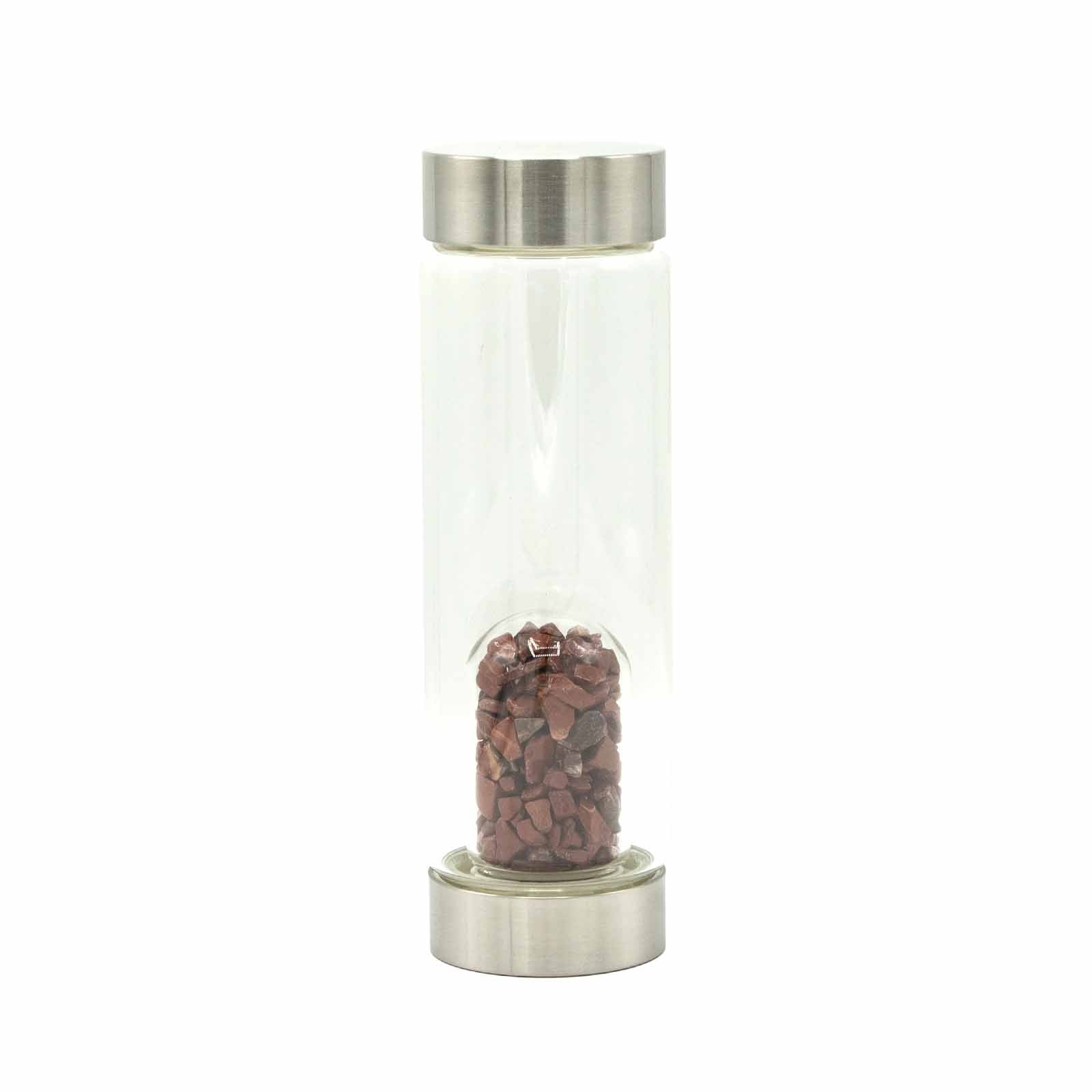 Samsara Wellbeing crystal infused water bottle with stainless steel lid and red crystal stones inside