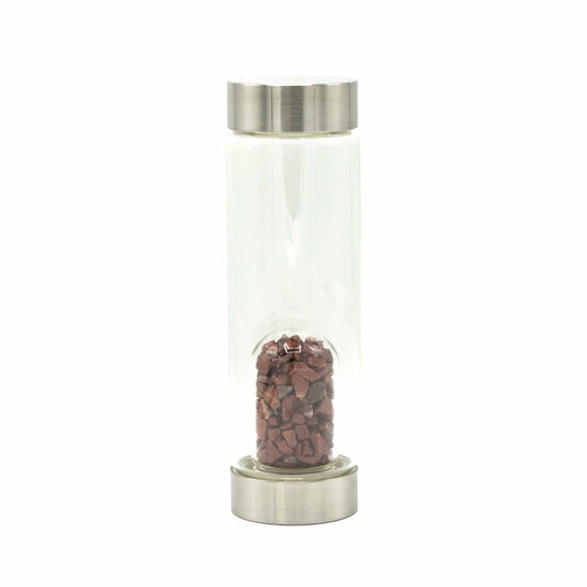 Samsara Wellbeing crystal infused water bottle with stainless steel lid and red crystal stones inside