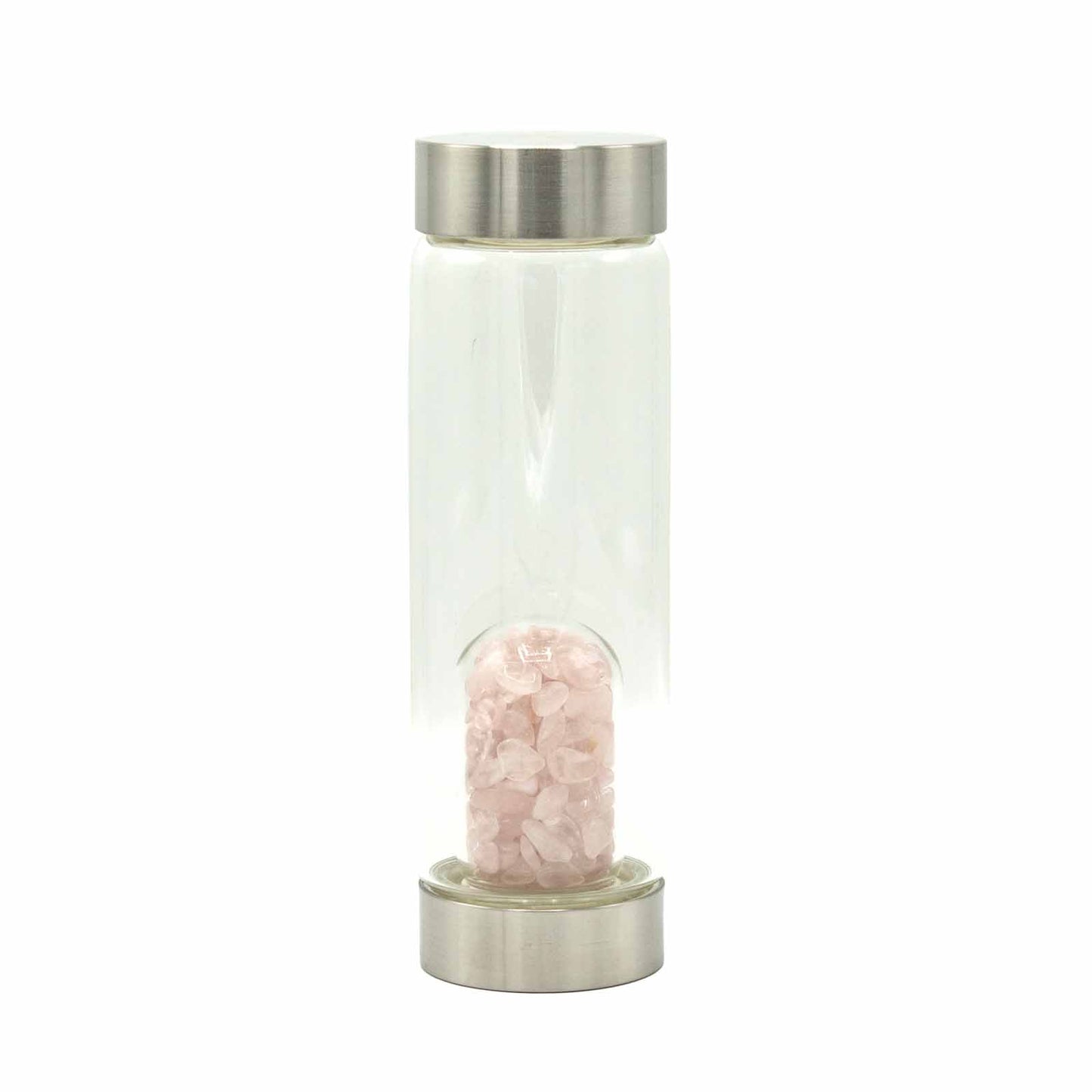 Samsara Wellbeing crystal infused water bottle with rose quartz crystals and stainless steel lids