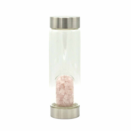 Samsara Wellbeing crystal infused water bottle with rose quartz crystals and stainless steel lids