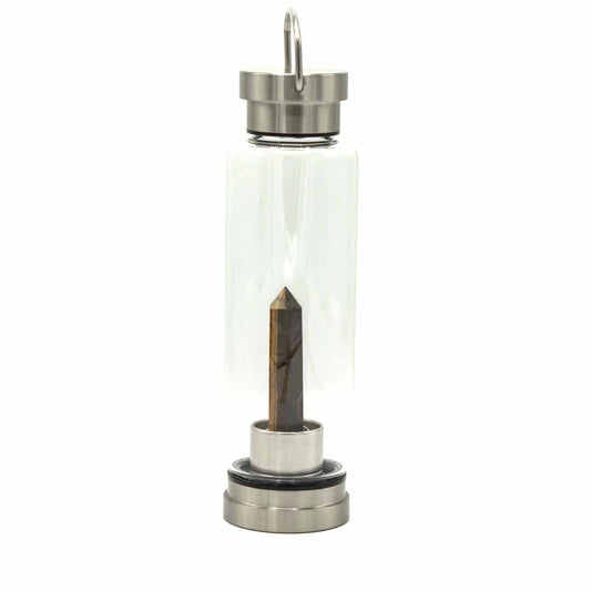 Samsara Wellbeing crystal infused water bottle with stainless steel lid and base featuring a natural crystal inside