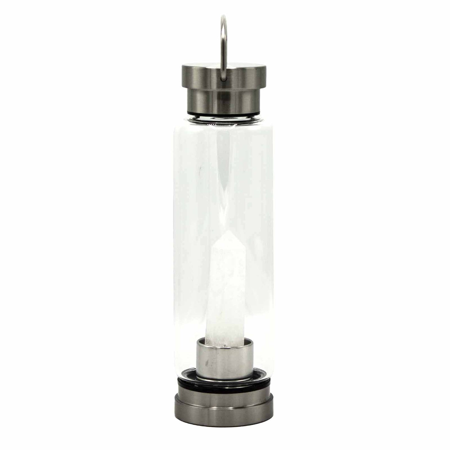 Clear crystal infused water bottle with stainless steel cap and base by Samsara Wellbeing