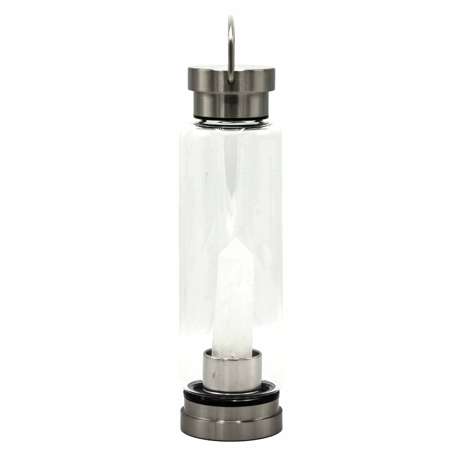 Clear crystal infused water bottle with stainless steel cap and base by Samsara Wellbeing