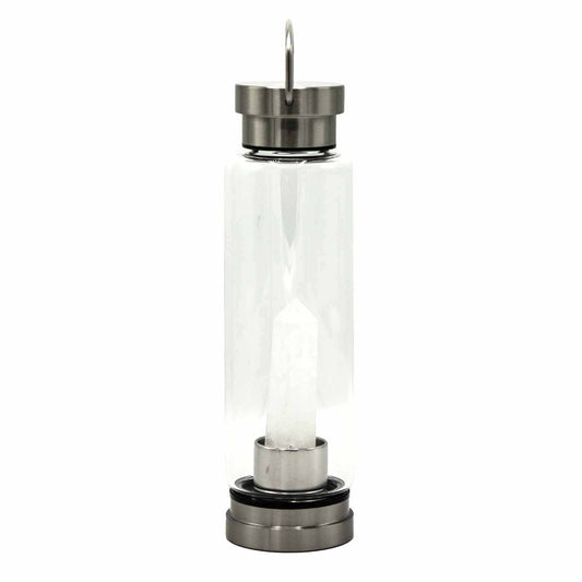 Clear crystal infused water bottle with stainless steel cap and base by Samsara Wellbeing