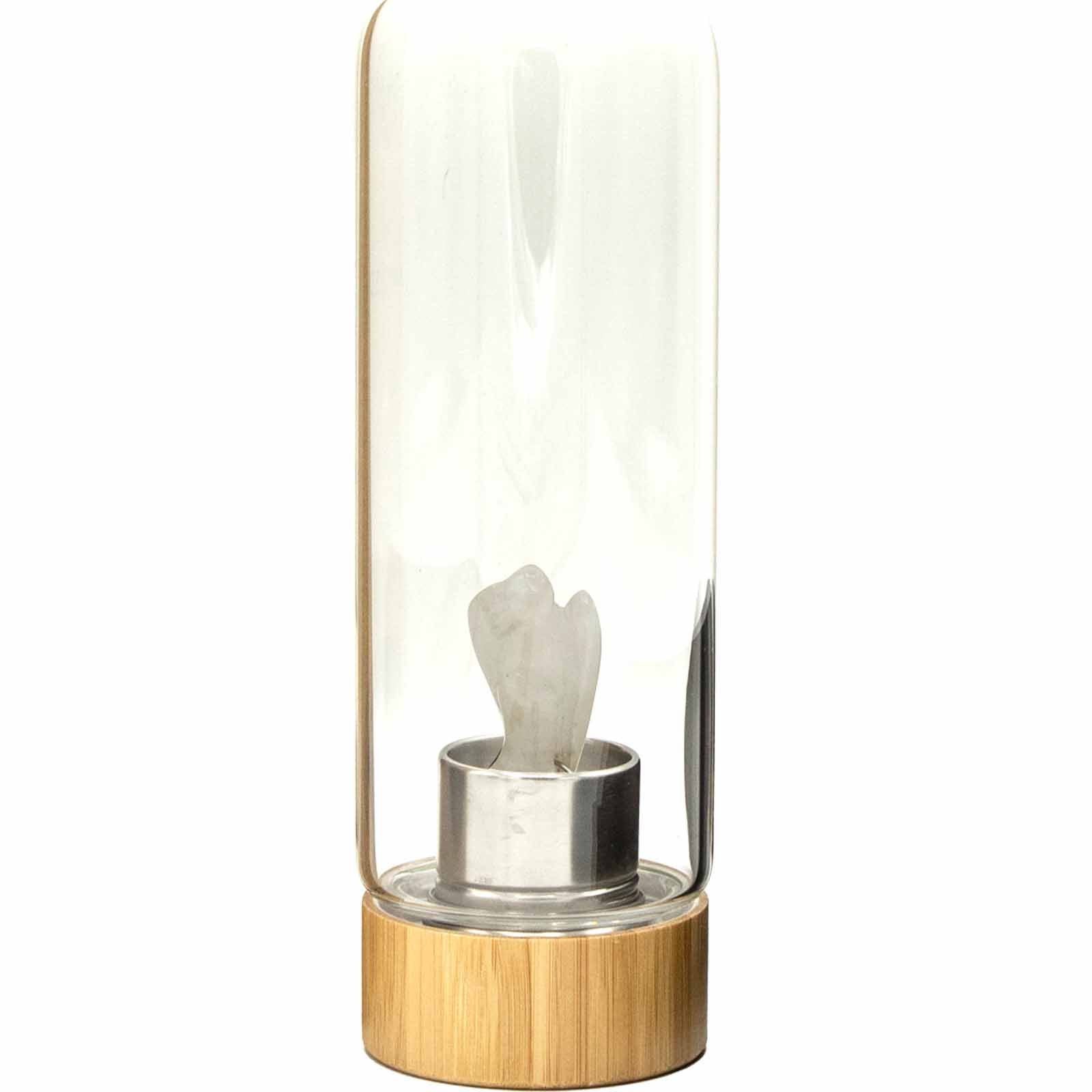 Samsara Wellbeing crystal infused water bottle with clear glass, bamboo base, and white crystal inside
