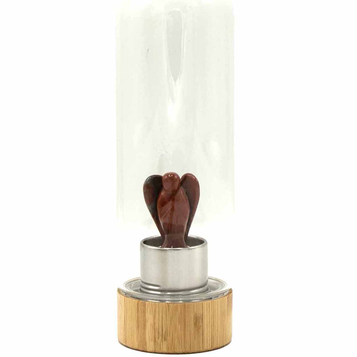 Samsara Wellbeing crystal infused water bottle with wooden base and red stone angel figurine insert
