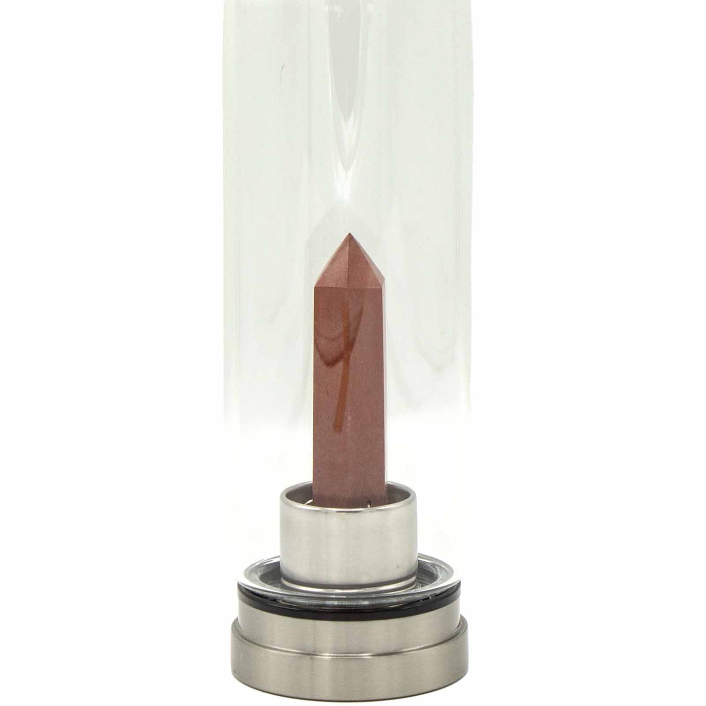 Samsara Wellbeing crystal infused water bottle with a polished gemstone inside metal base
