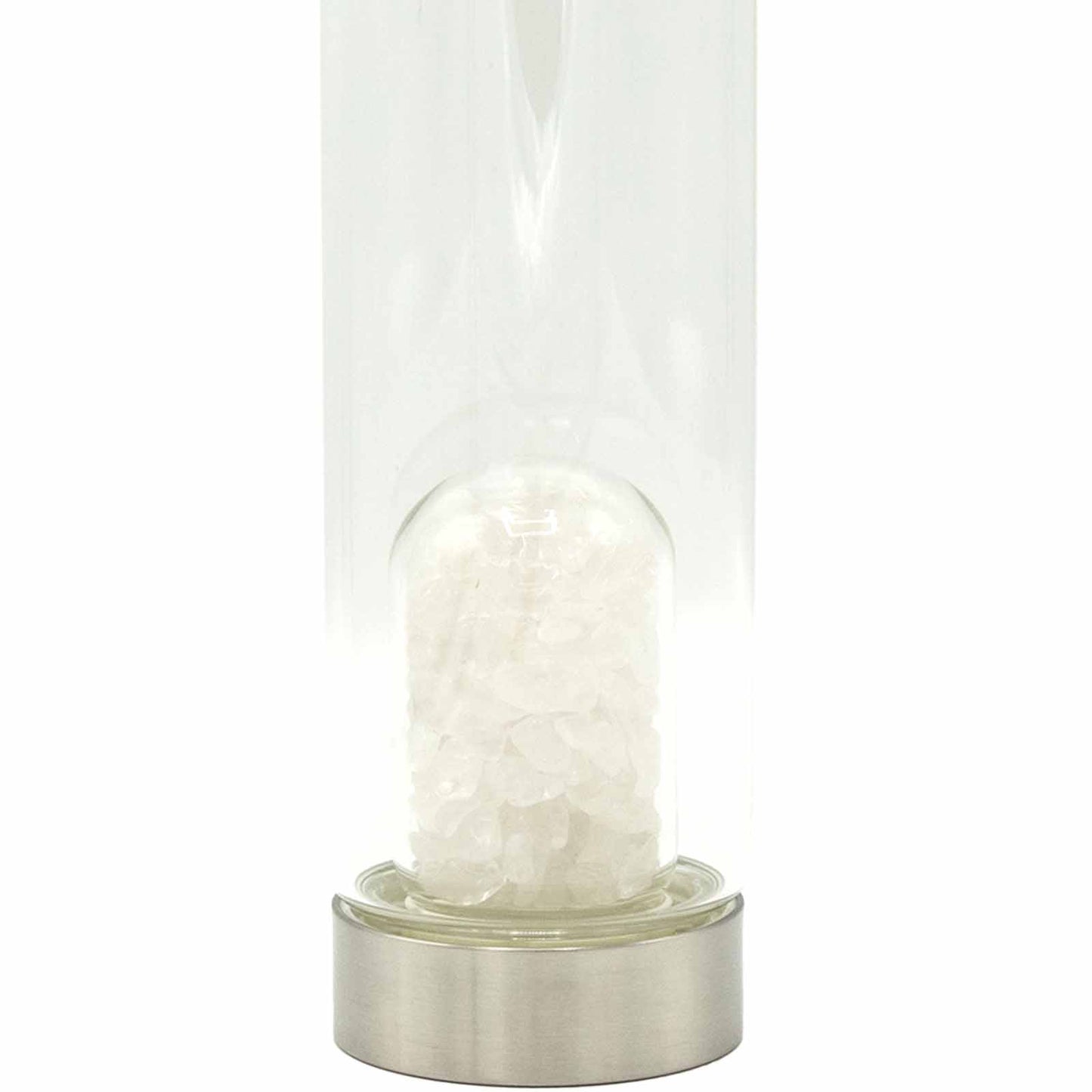 Close-up of crystal infused water bottle with clear quartz crystals and stainless steel base