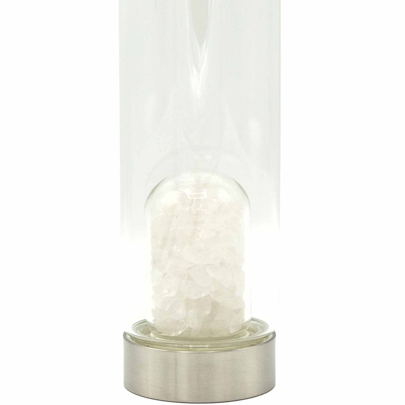 Close-up of crystal infused water bottle with clear quartz crystals and stainless steel base