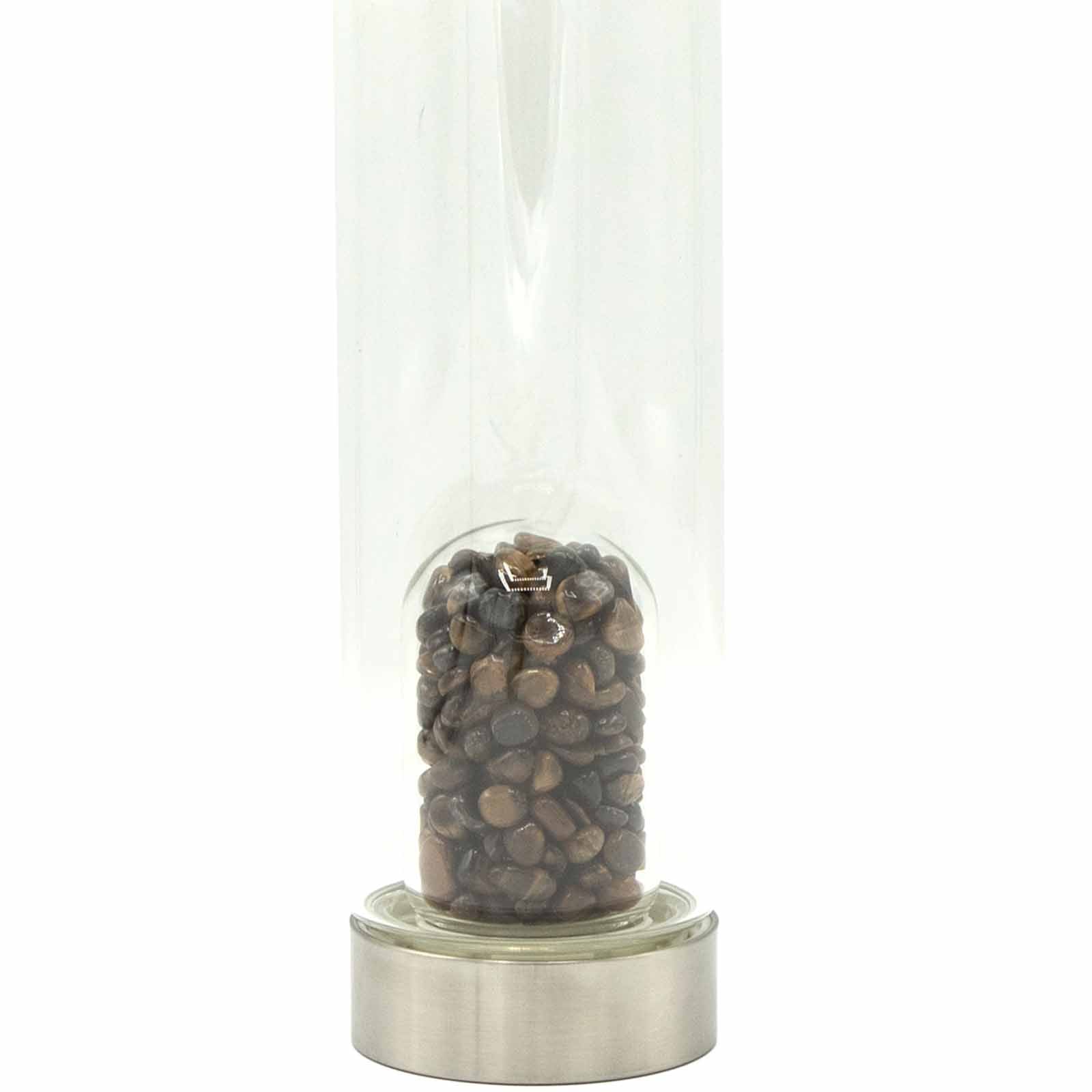 Samsara Wellbeing crystal infused water bottle with light brown stones in clear glass and silver base