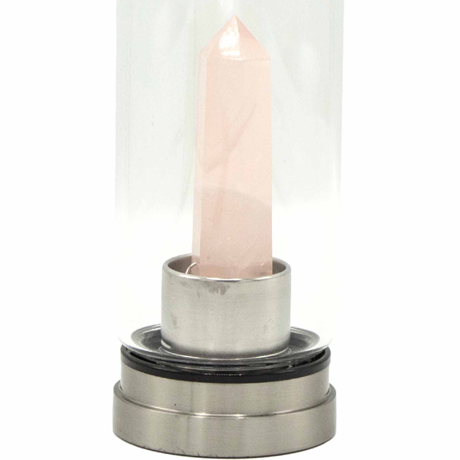 Close up of rose quartz crystal on the base of a crystal infused water bottle by Samsara Wellbeing