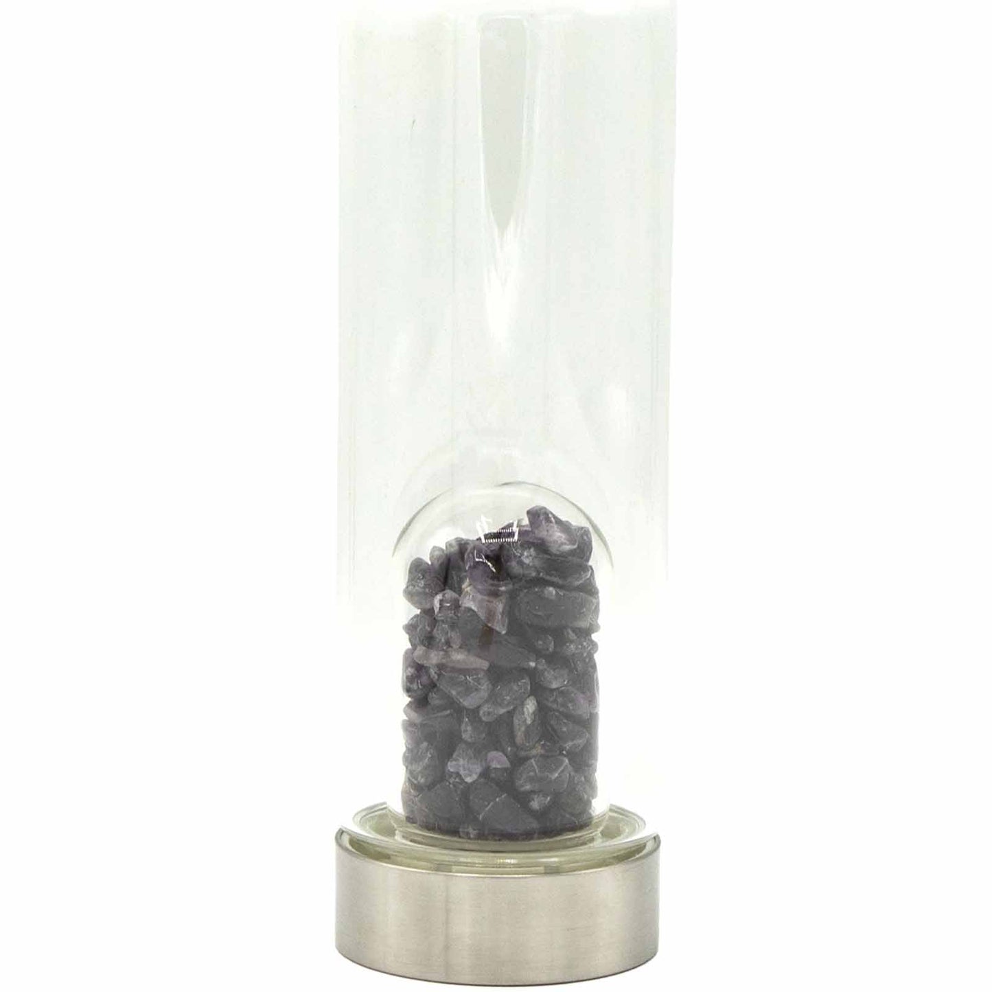 Samsara Wellbeing crystal infused water bottle with natural black stones and stainless steel base