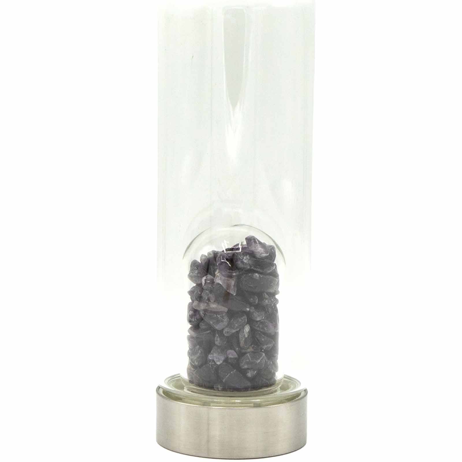Samsara Wellbeing crystal infused water bottle with natural black stones and stainless steel base