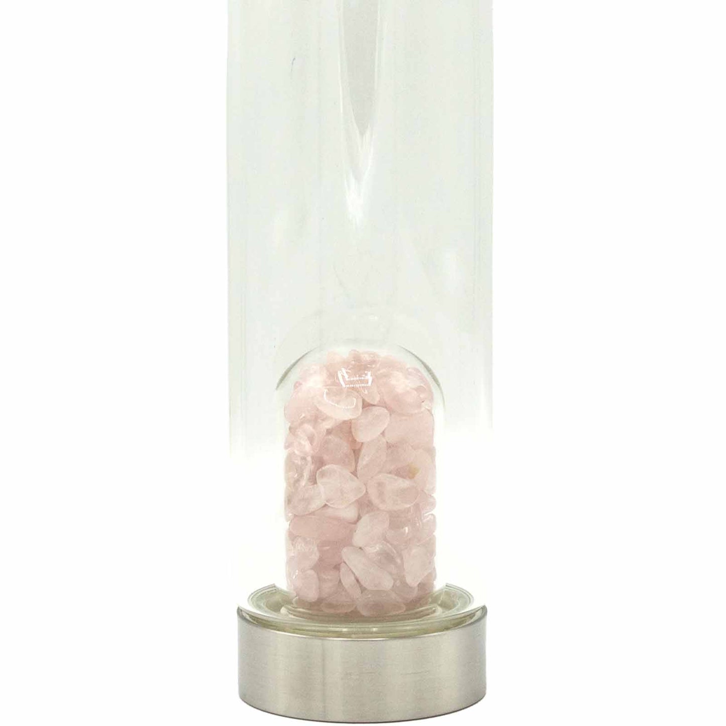 Samsara Wellbeing crystal infused water bottle with rose quartz crystals and stainless steel base