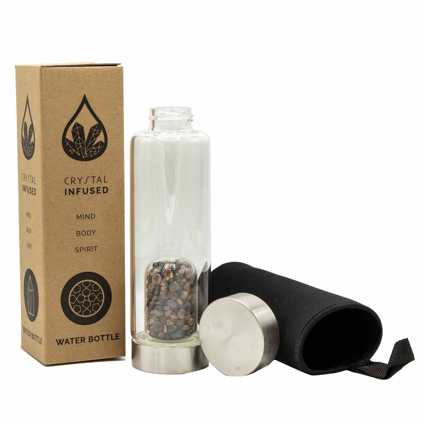 Samsara Wellbeing crystal infused water bottle with clear glass, metal lid, and protective black sleeve