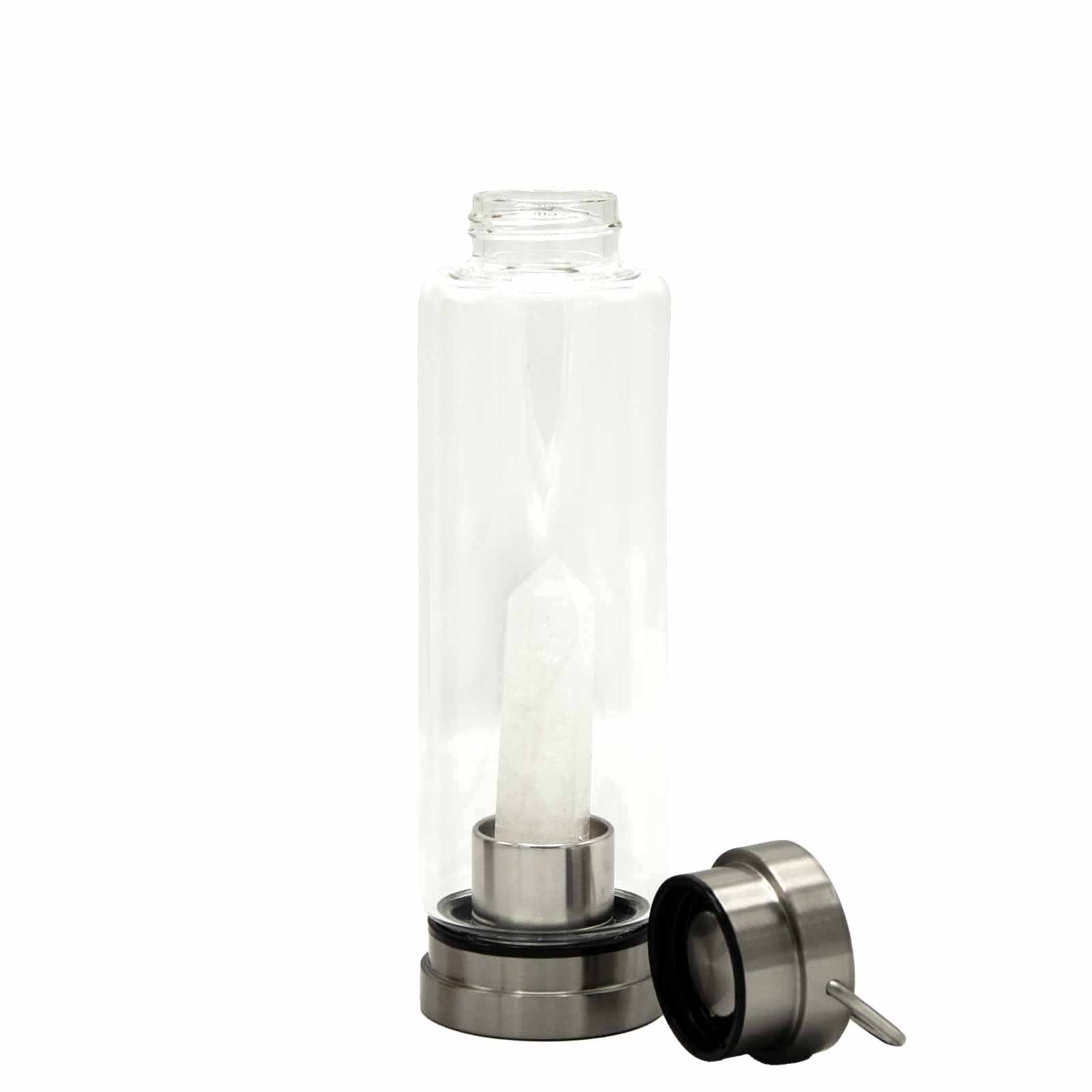 Samsara Wellbeing crystal infused water bottle with clear glass and detachable stainless steel lid