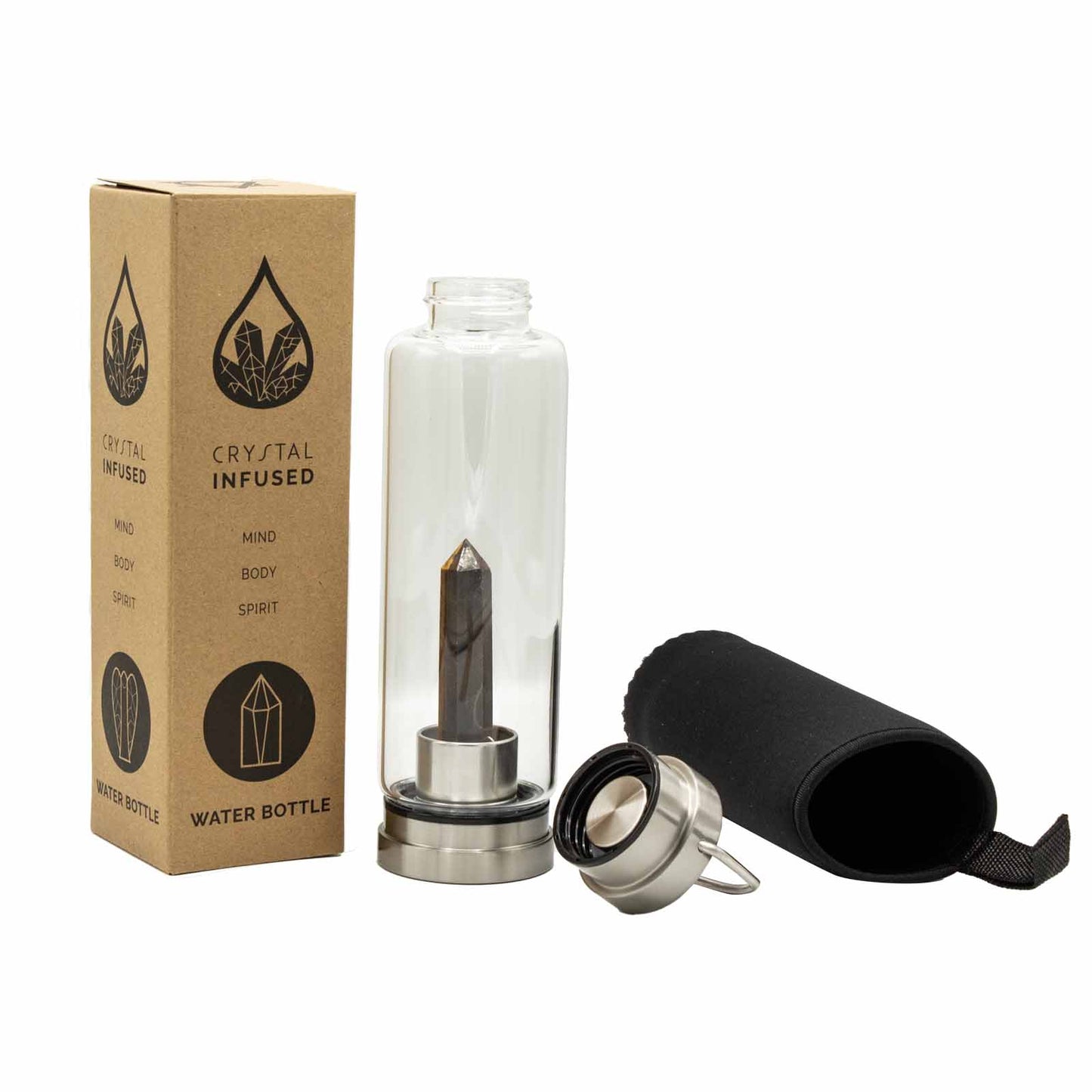 Samsara Wellbeing crystal infused water bottle with glass body, black crystal, metal lid, and protective black sleeve
