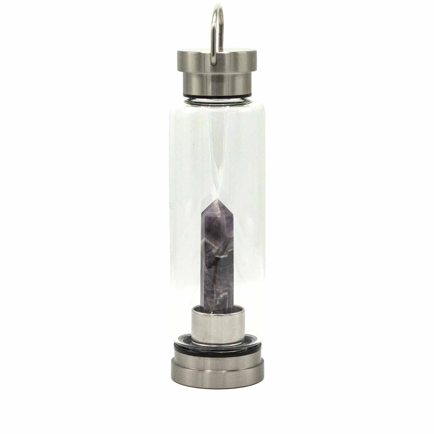 Samsara Wellbeing crystal infused water bottle with stainless steel lid and base featuring a purple crystal inside