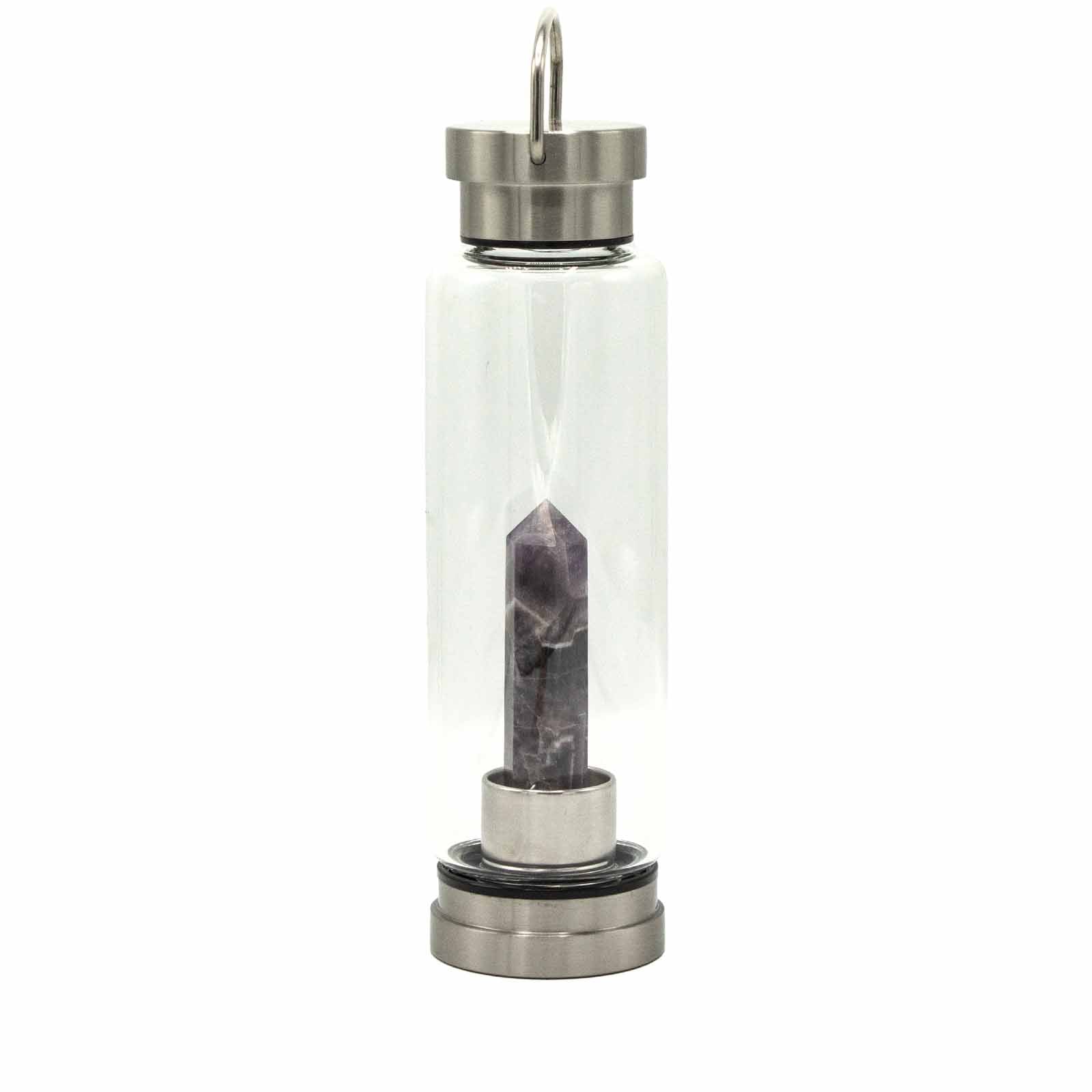 Samsara Wellbeing crystal infused water bottle with stainless steel lid and base featuring a purple crystal inside