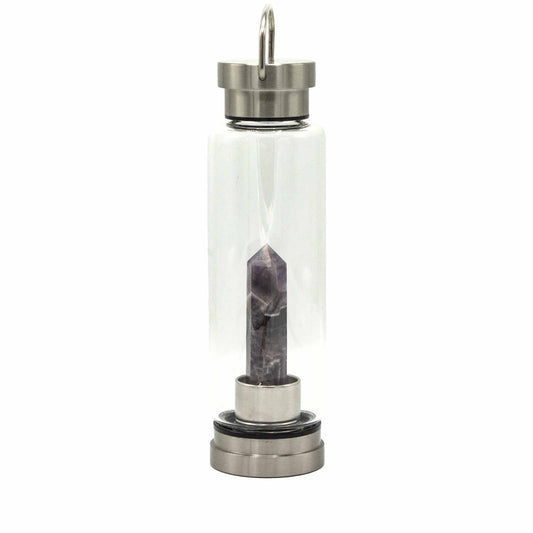 Samsara Wellbeing crystal infused water bottle with stainless steel lid and base featuring a purple crystal inside