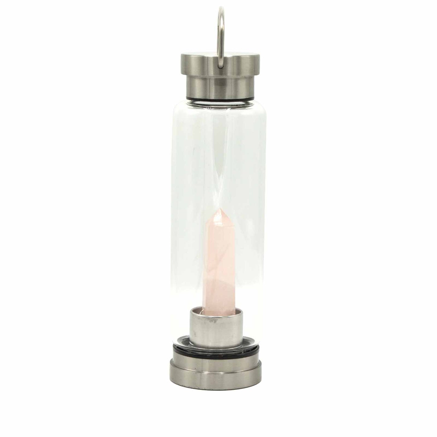 Samsara Wellbeing crystal infused water bottle with clear glass and rose quartz crystal core