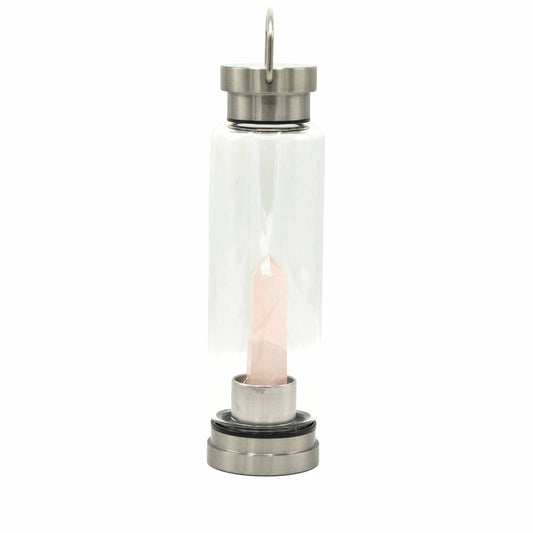 Samsara Wellbeing crystal infused water bottle with clear glass and rose quartz crystal core