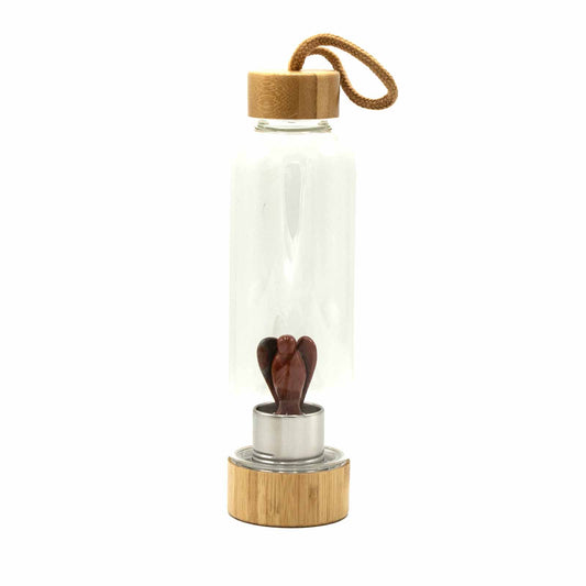 Samsara Wellbeing crystal infused water bottle with wooden cap and red crystal inside for hydration and energy