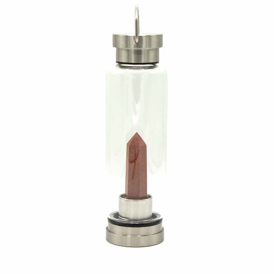 Samsara Wellbeing crystal infused water bottle with clear glass and rose quartz crystal core